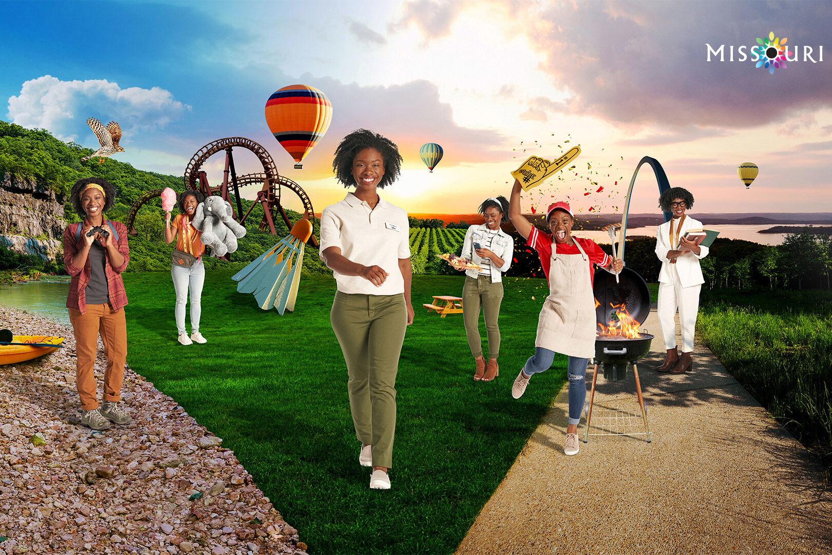 Advertisement showing a woman enjoying a variety of activities in Missouri, such as bird watching, visiting an amusement park, dining, tailgating, and visiting the Gateway Arch.